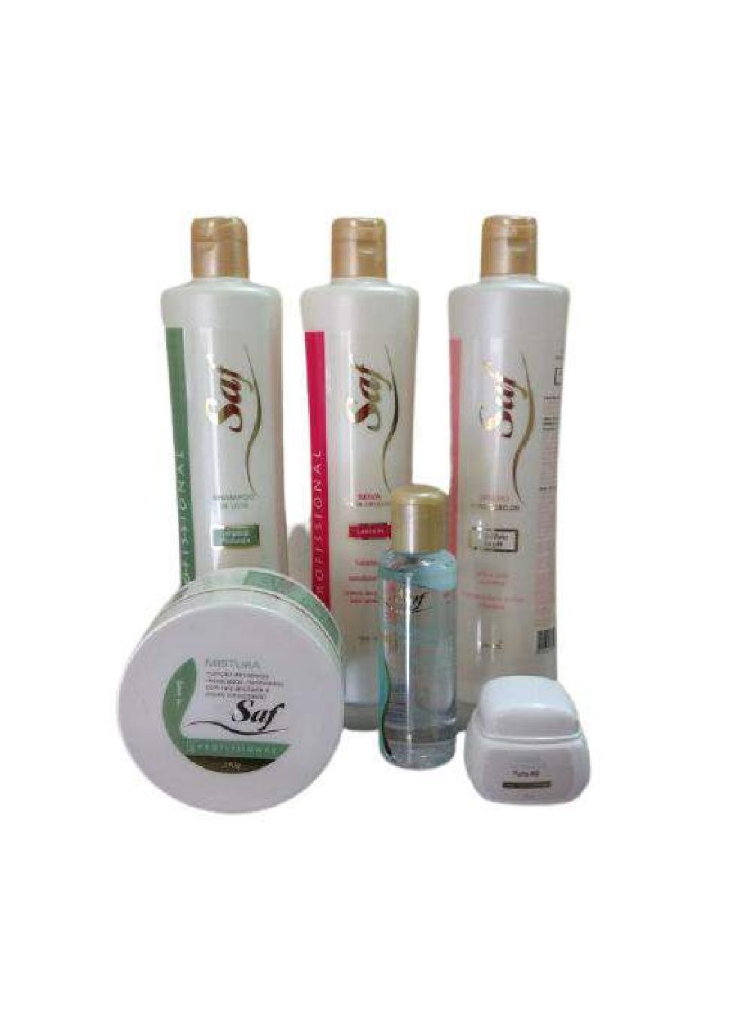 Cosméticos SAF | kit, Shampoo de leite 500ml, Seiva 500ml, Brilho 500ml, Mistura 240g, Aplicação 120ml, Creme nutritivo 60g
